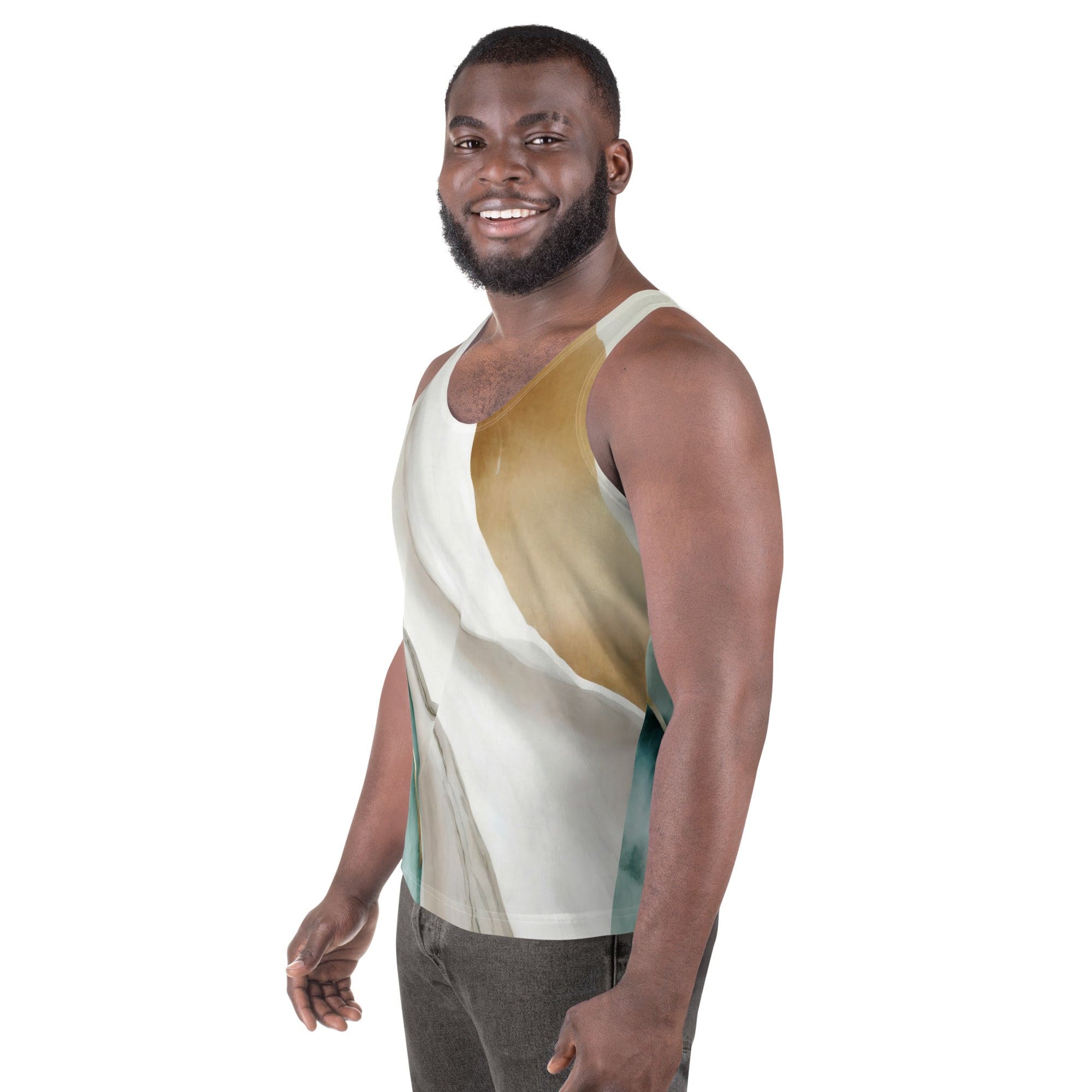 Mens Stretch Fit Tank Top - Cream White Green Marbled Print-1
