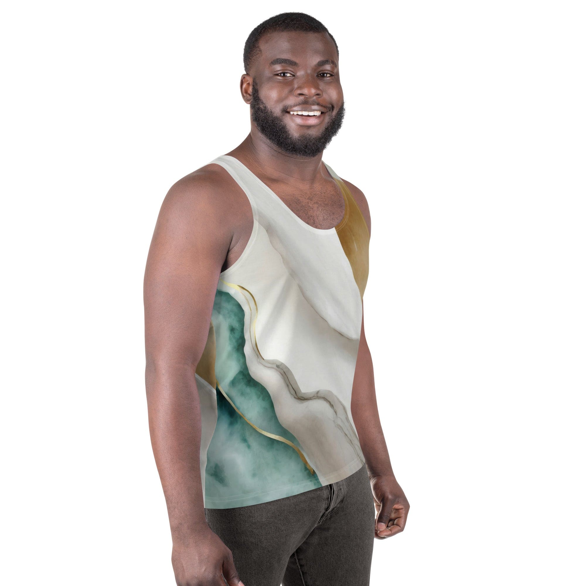 Mens Stretch Fit Tank Top - Cream White Green Marbled Print-2