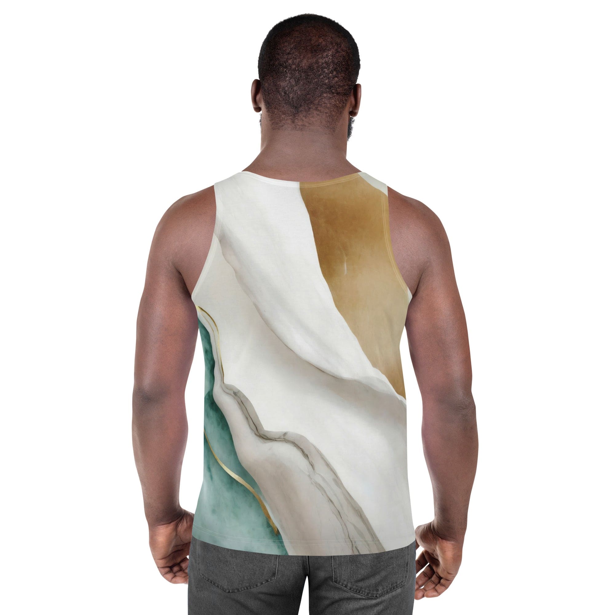 Mens Stretch Fit Tank Top - Cream White Green Marbled Print-3