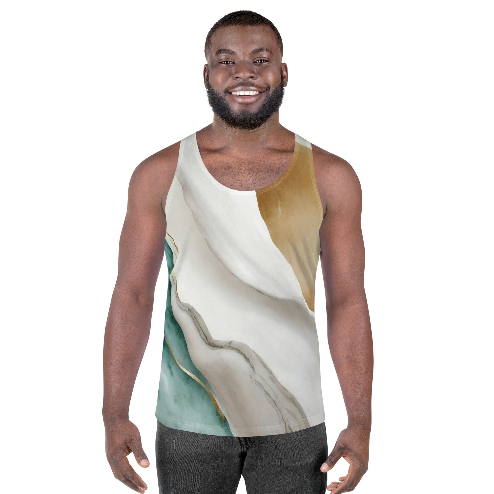 Mens Stretch Fit Tank Top - Cream White Green Marbled Print-0