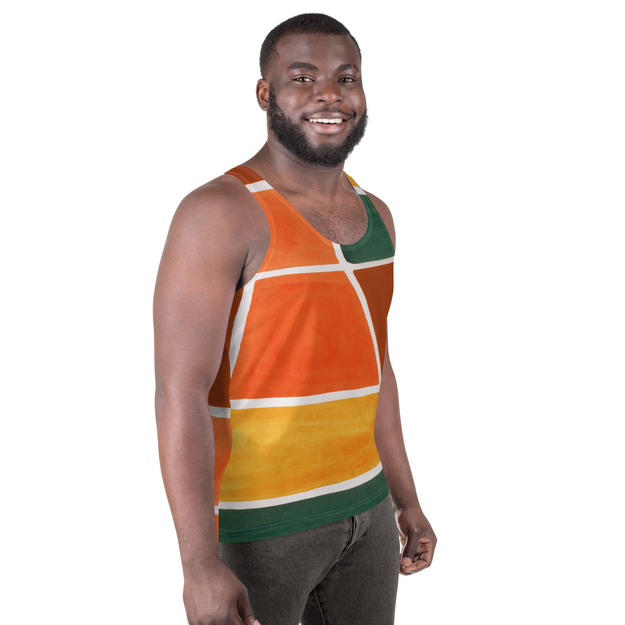 Mens Stretch Fit Tank Top - Orange Green Boho Pattern-2
