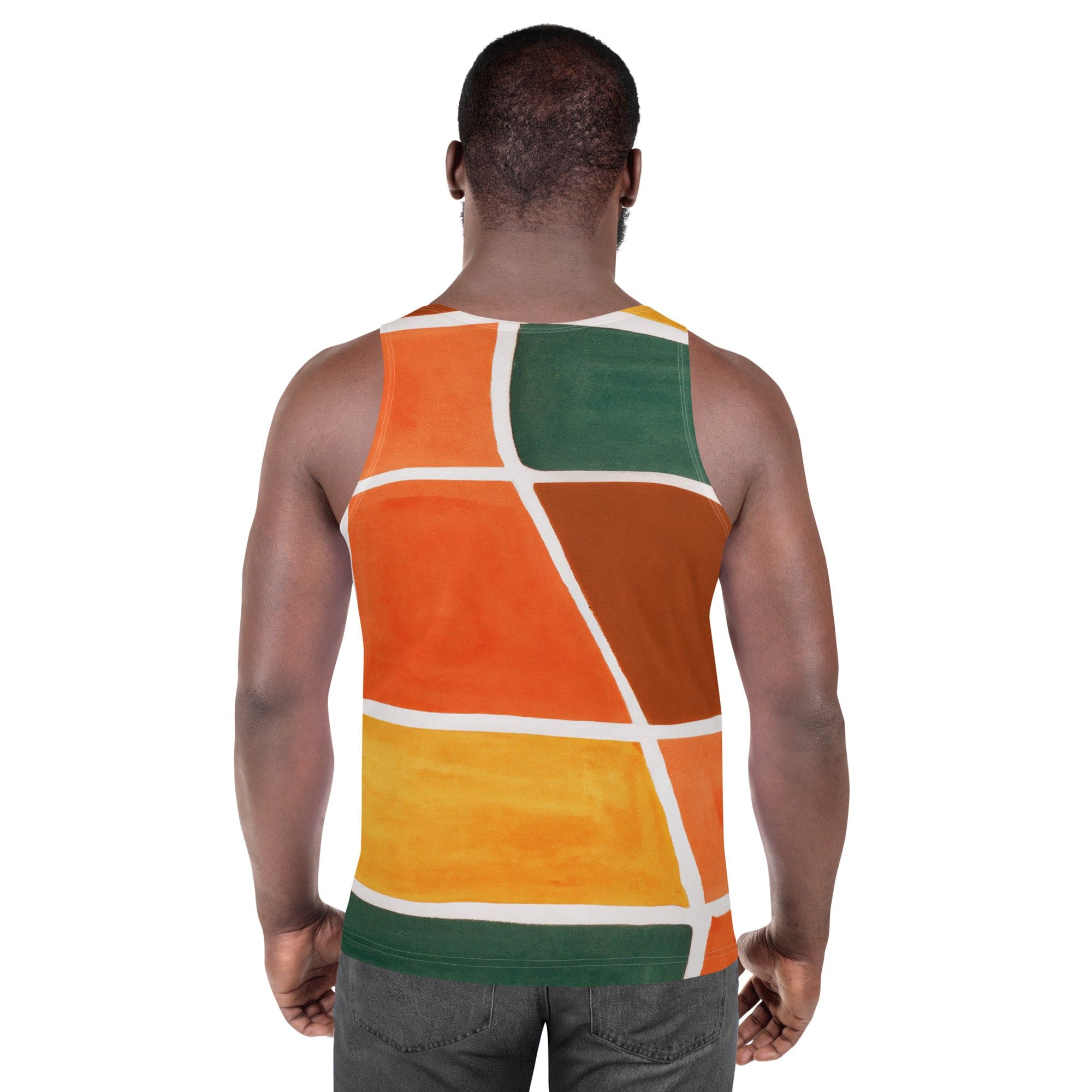 Mens Stretch Fit Tank Top - Orange Green Boho Pattern-3