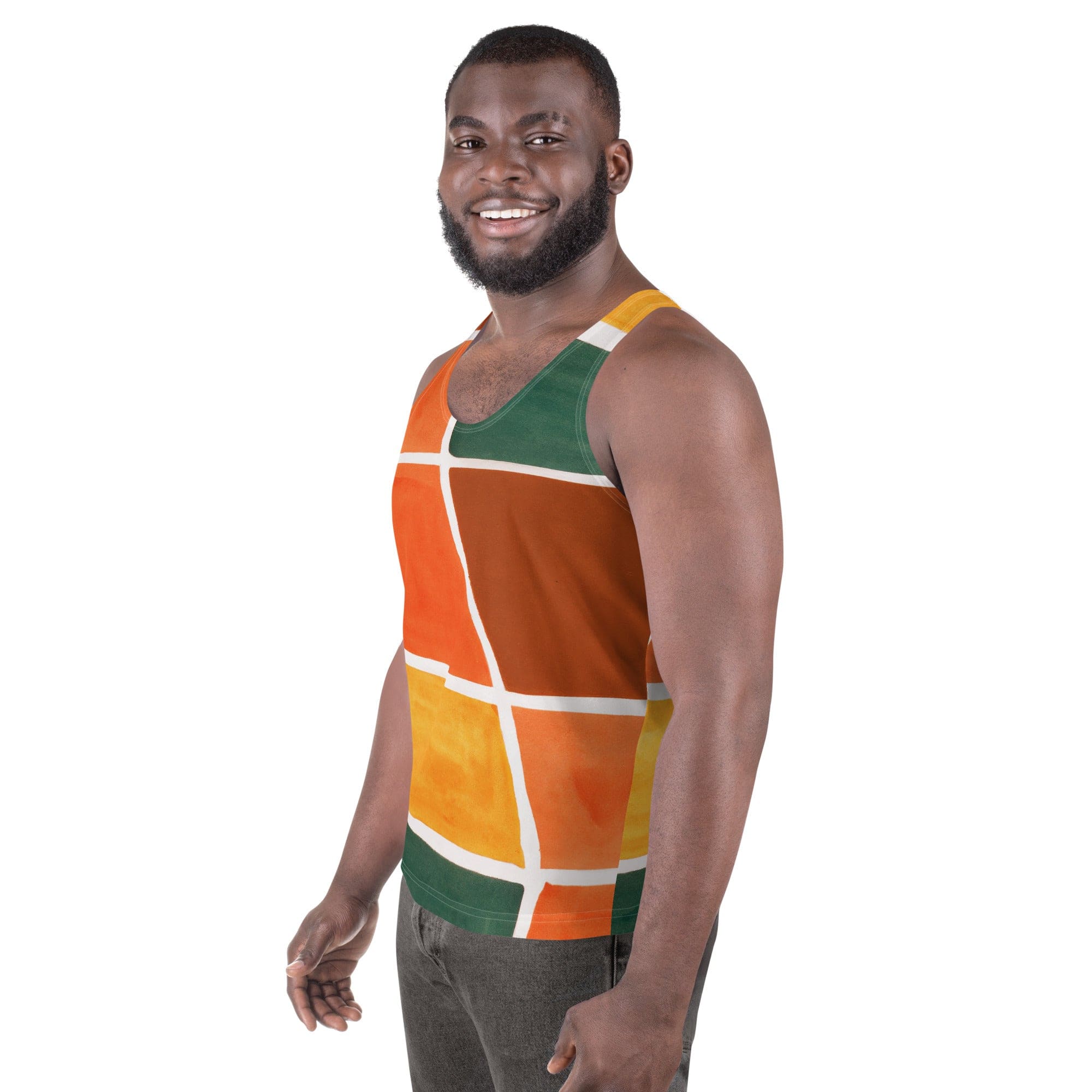 Mens Stretch Fit Tank Top - Orange Green Boho Pattern-1