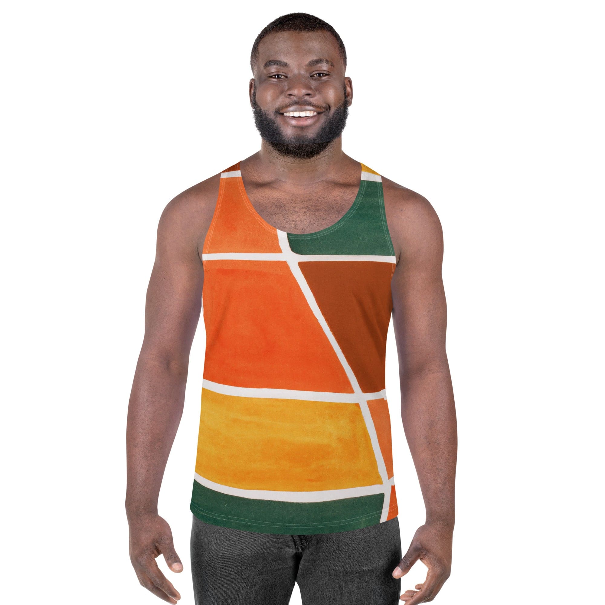 Mens Stretch Fit Tank Top - Orange Green Boho Pattern-0