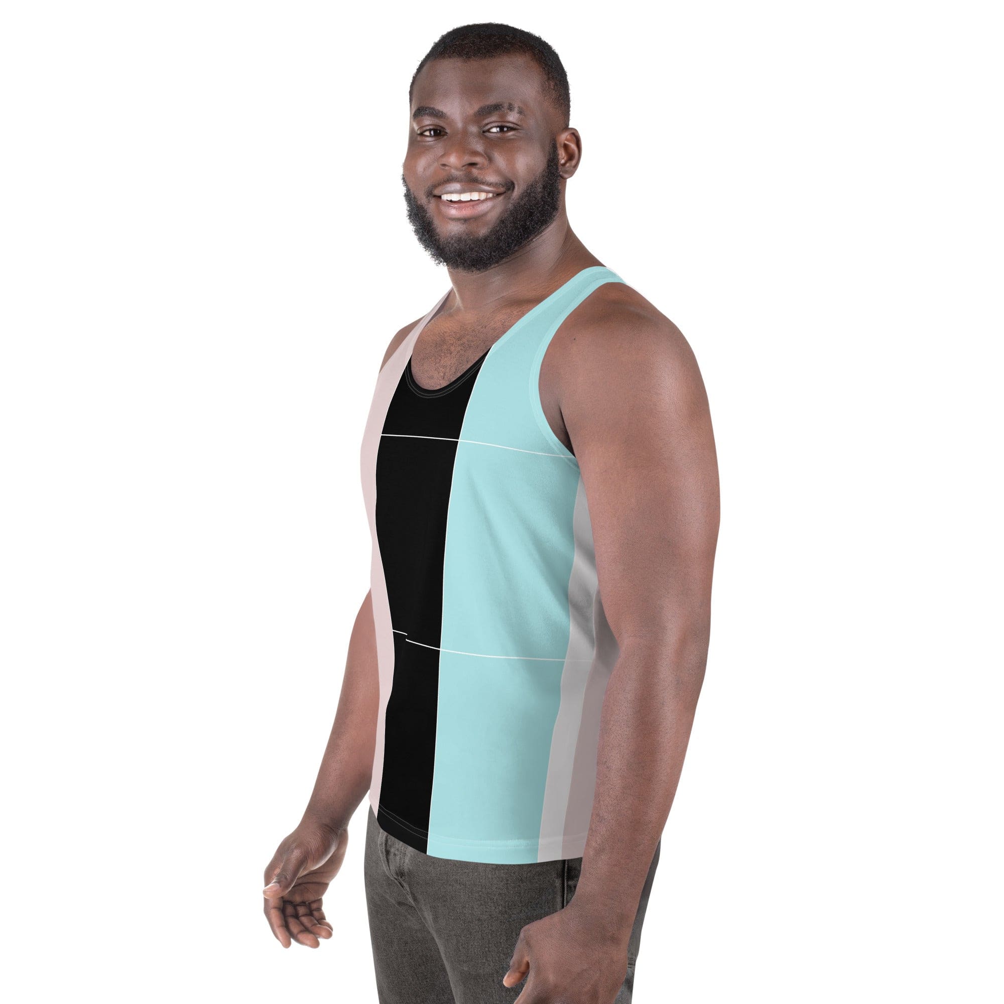 Mens Stretch Fit Tank Top - Pastel Pink Black Blue Colorblock Lines-1