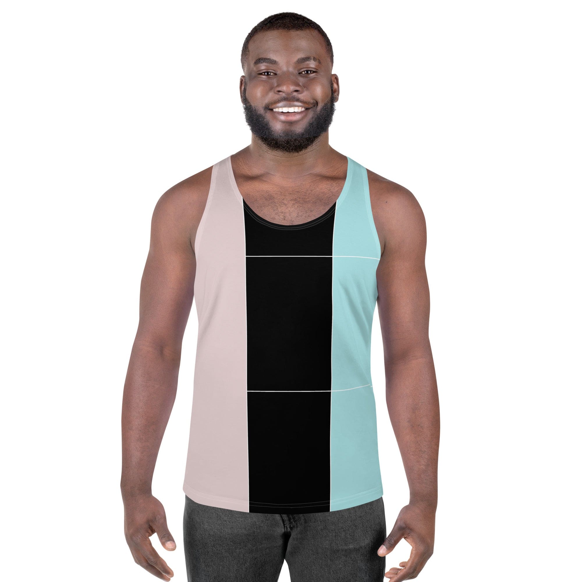Mens Stretch Fit Tank Top - Pastel Pink Black Blue Colorblock Lines-0