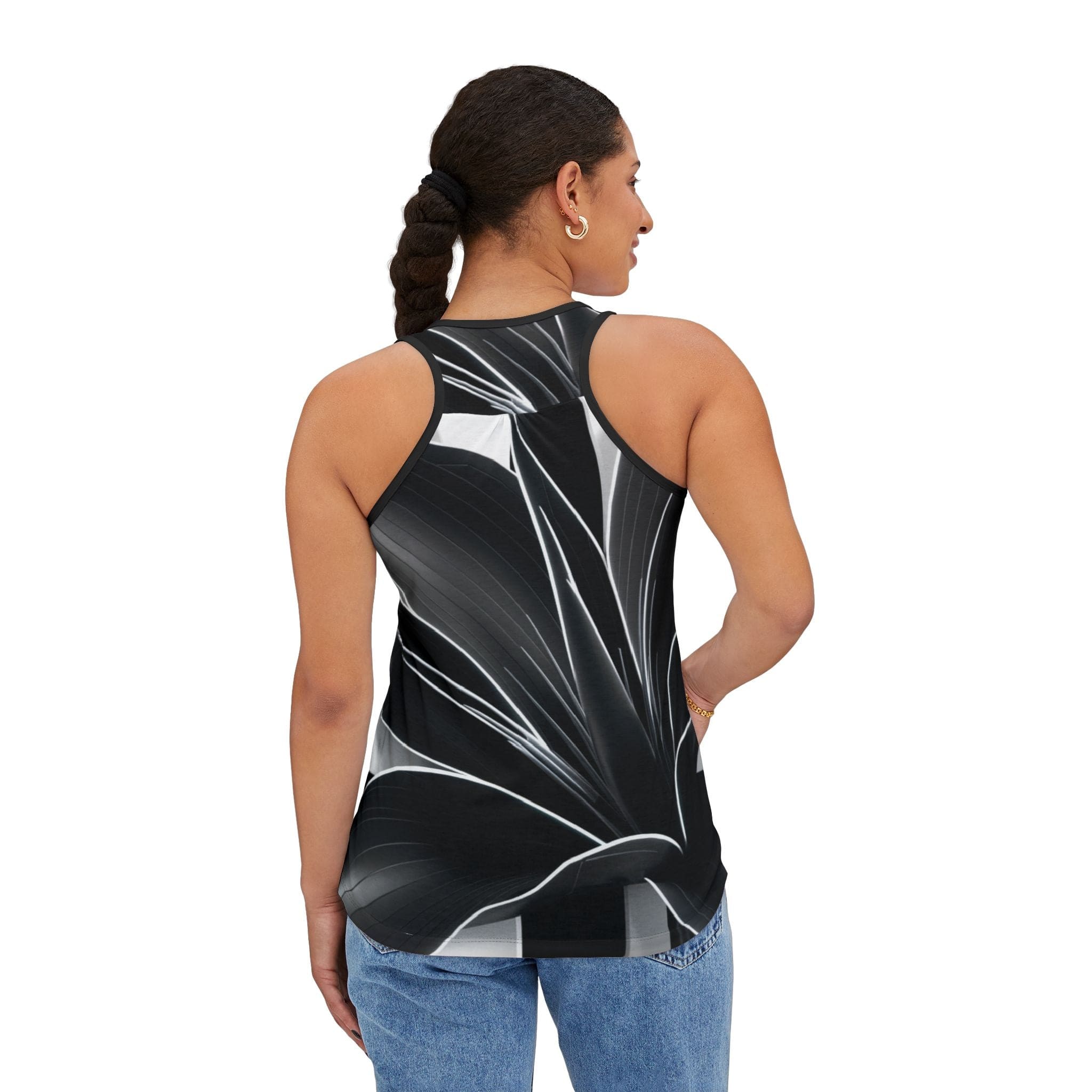 Womens Floral White and Black Racer Tank Top-1