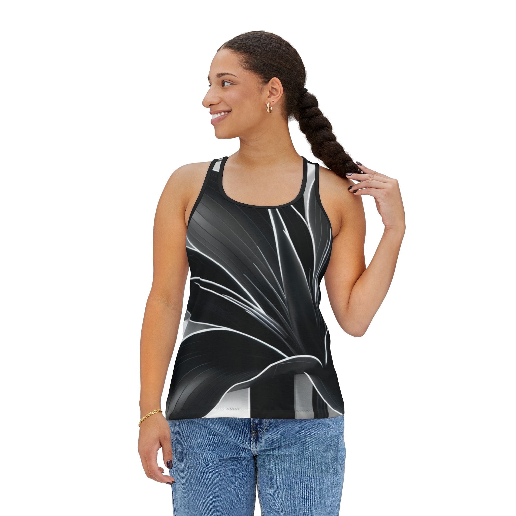 Womens Floral White and Black Racer Tank Top-2