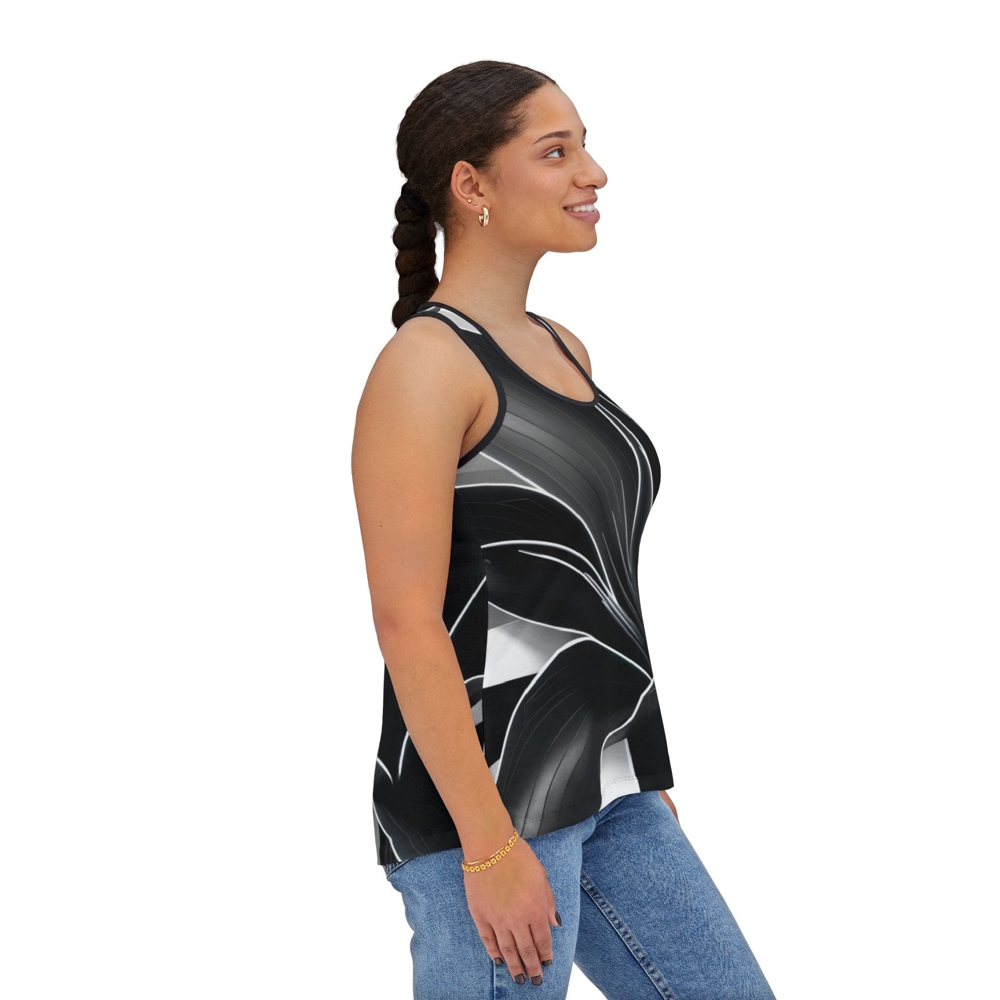Womens Floral White and Black Racer Tank Top-3