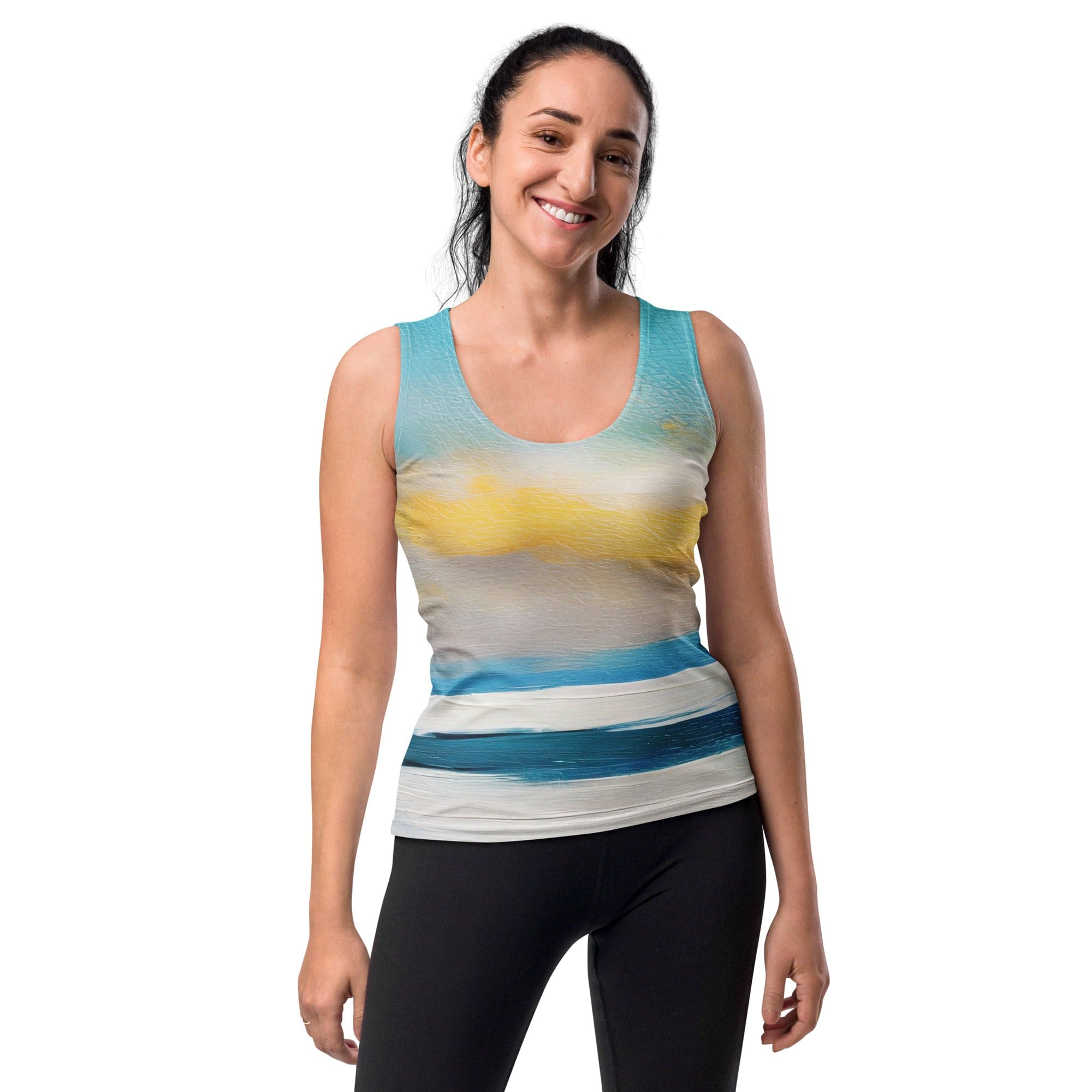 Womens Stretch Fit Tank Top - Blue Ocean Golden Sunset Print 3-0