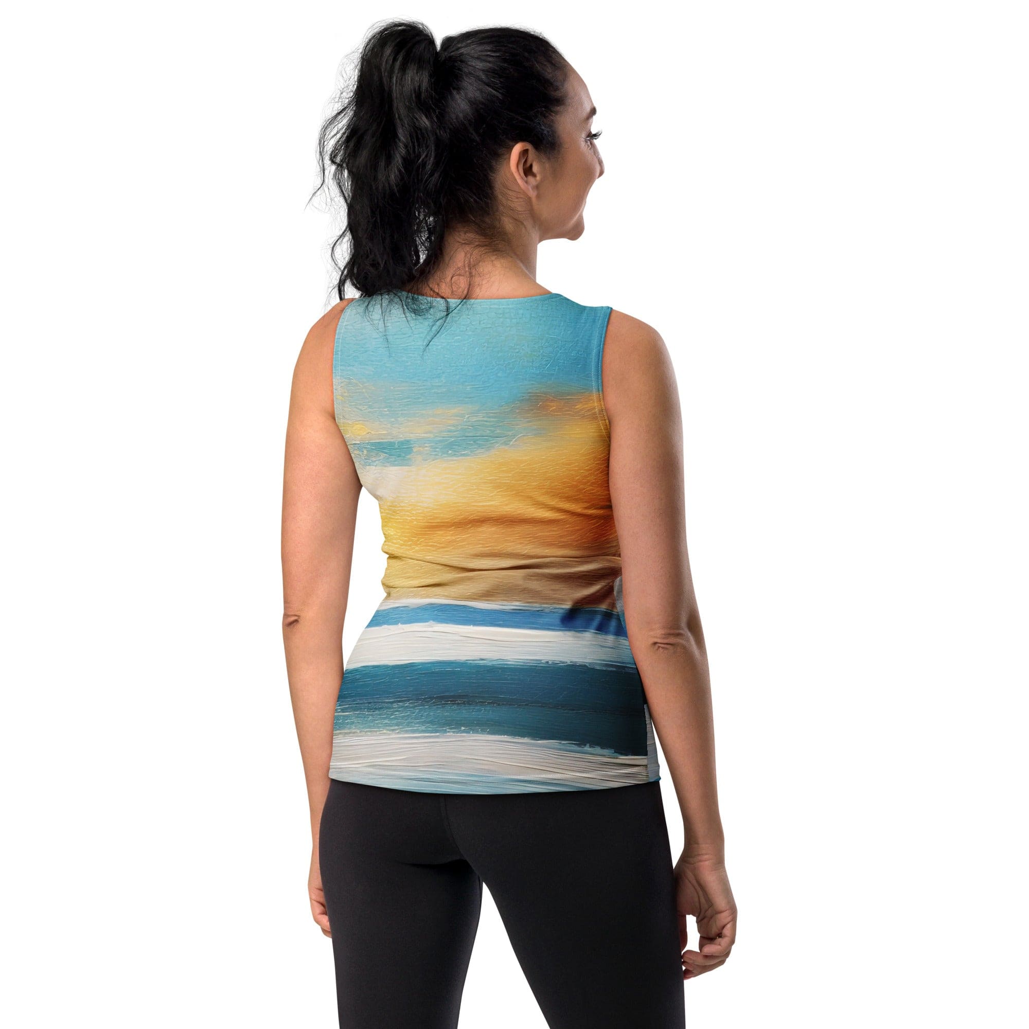Womens Stretch Fit Tank Top - Blue Ocean Golden Sunset Print 3-1