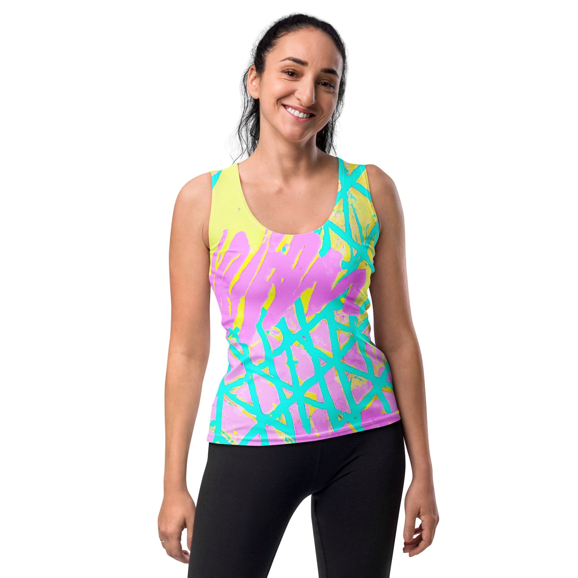 Womens Stretch Fit Tank Top - Cyan Blue Lime Green and Pink Pattern-0