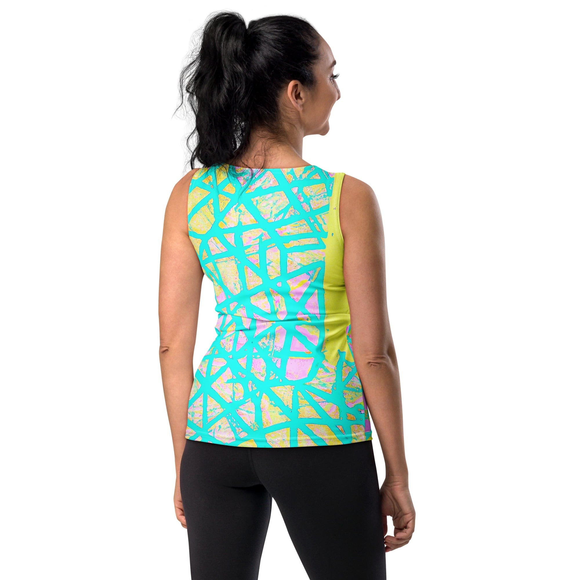 Womens Stretch Fit Tank Top - Cyan Blue Lime Green and Pink Pattern-1