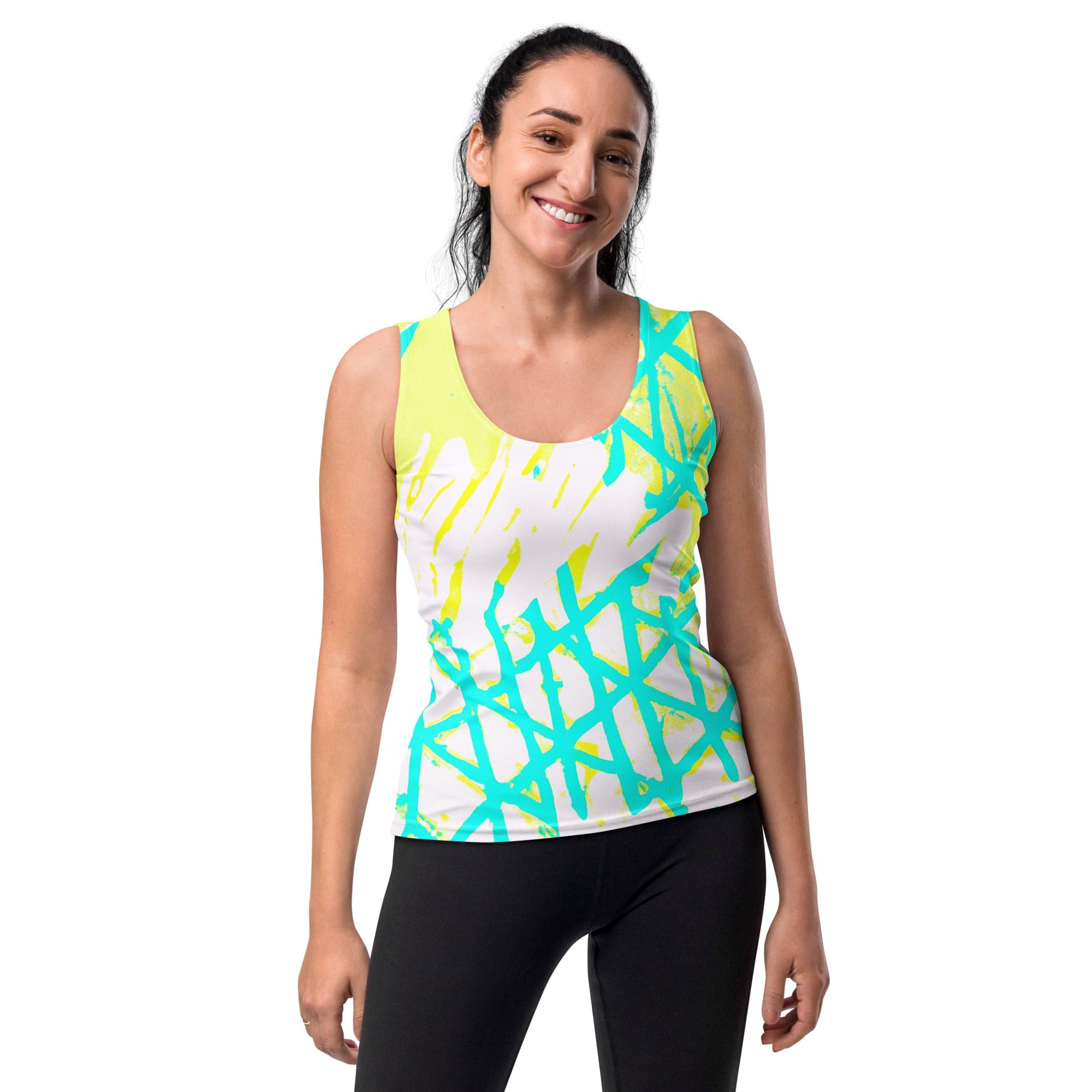 Womens Stretch Fit Tank Top - Cyan Blue Lime Green and White Pattern-0