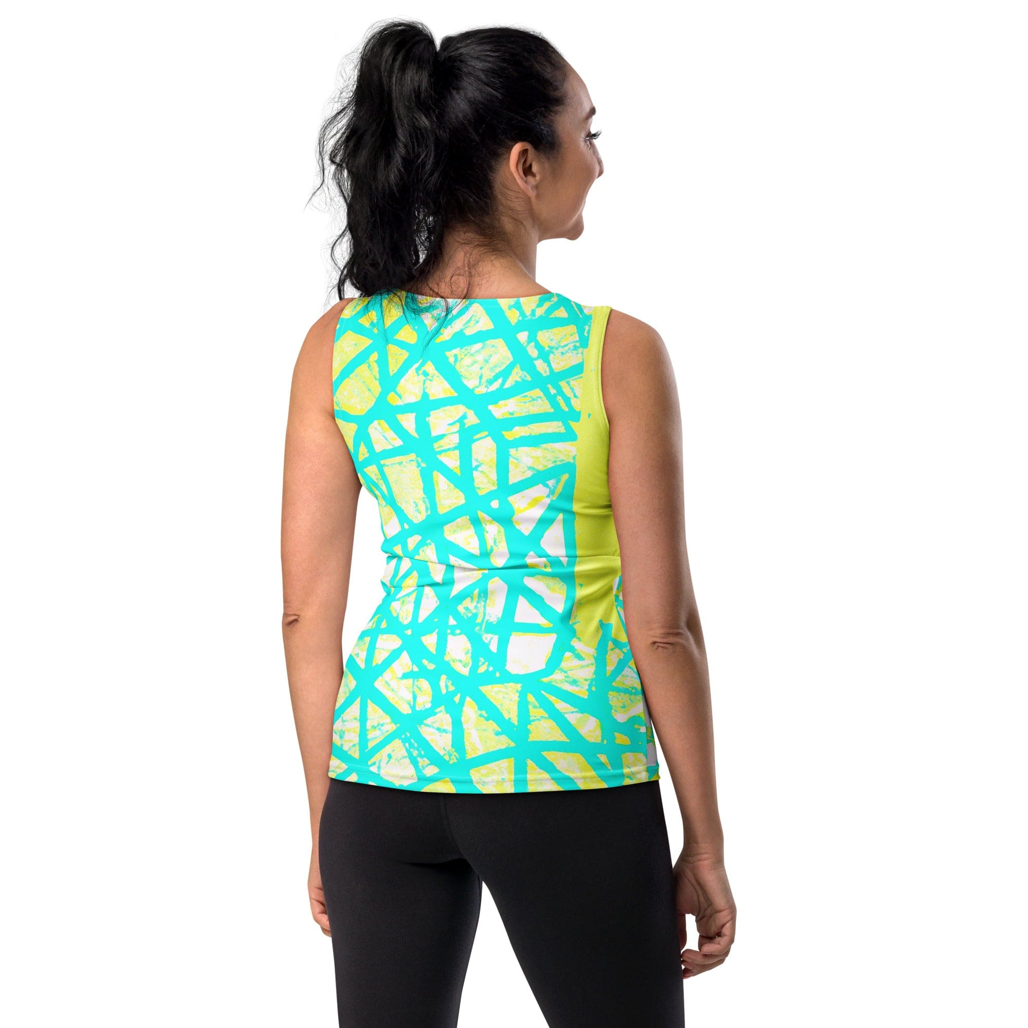 Womens Stretch Fit Tank Top - Cyan Blue Lime Green and White Pattern-1