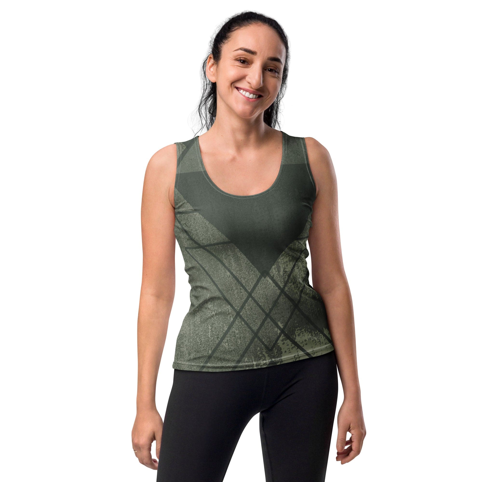 Womens Stretch Fit Tank Top - Olive Green Triangular Colorblock-0